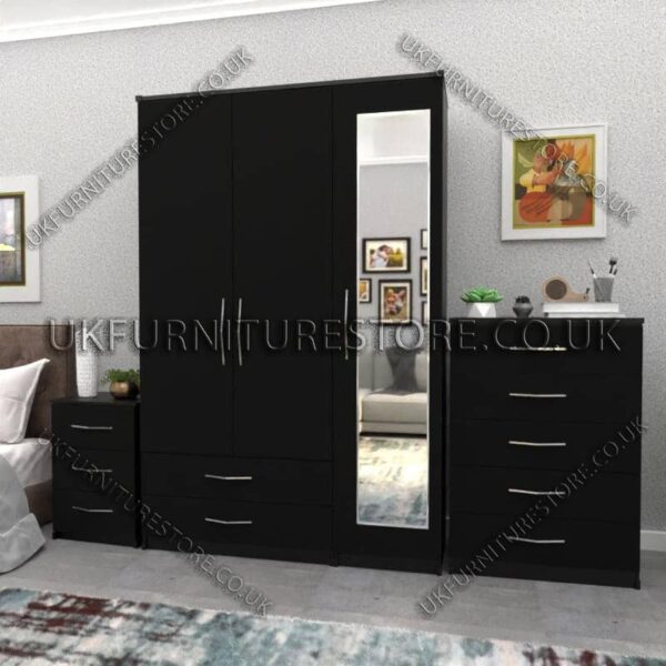 Black 3 Door Wardrobe Set With 1 Mirror and 2 Bottom Drawers