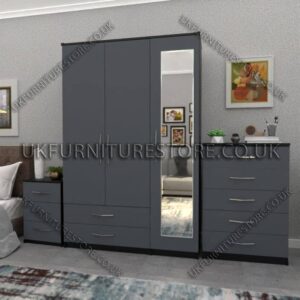 Front Gray Side Black 3 Door Wardrobe Set With 1 Mirror and 2 Bottom Drawers