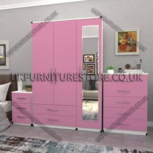 Front Pink Side White 3 Door Wardrobe Set With 1 Mirror and 2 Bottom Drawers