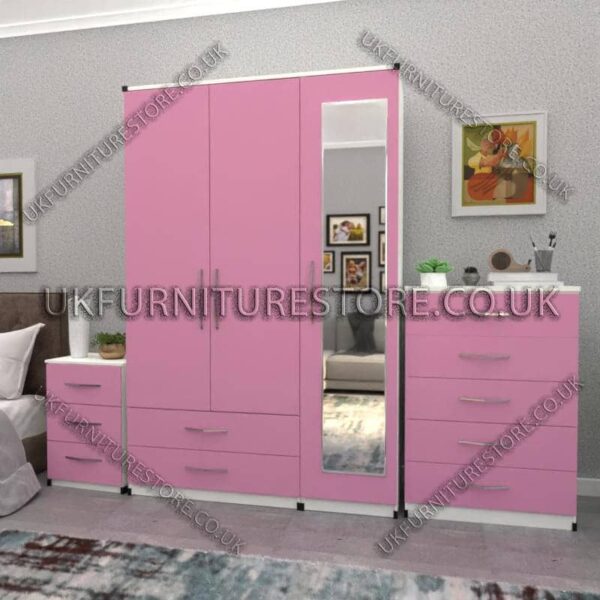 Front Pink Side White 3 Door Wardrobe Set With 1 Mirror and 2 Bottom Drawers