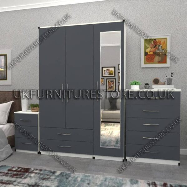 Front Gray Side White 3 Door Wardrobe Set With 1 Mirror and 2 Bottom Drawers