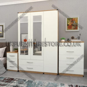 Front White Side Oak 3 Door Wardrobe Set With 2 Mirrors and 2 Bottom Drawers