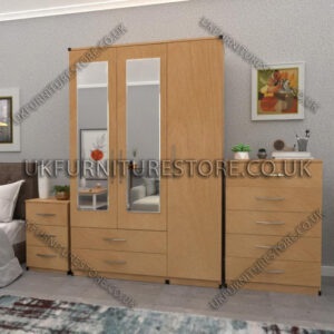 Beech 3 Door Wardrobe Set With 2 Mirrors and 2 Bottom Drawers