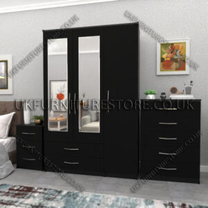 Black 3 Door Wardrobe Set With 2 Mirrors and 2 Bottom Drawers
