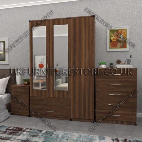 Walnut 3 Door Wardrobe Set With 2 Mirrors and 2 Bottom Drawers