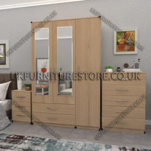 Oak 3 Door Wardrobe Set With 2 Mirrors and 2 Bottom Drawers