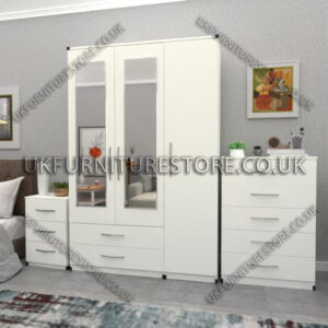 White 3 Door Wardrobe Set With 2 Mirrors and 2 Bottom Drawers