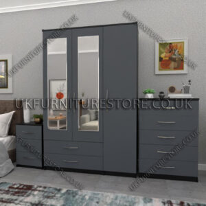 Front Gray Side Black 3 Door Wardrobe Set With 2 Mirrors and 2 Bottom Drawers