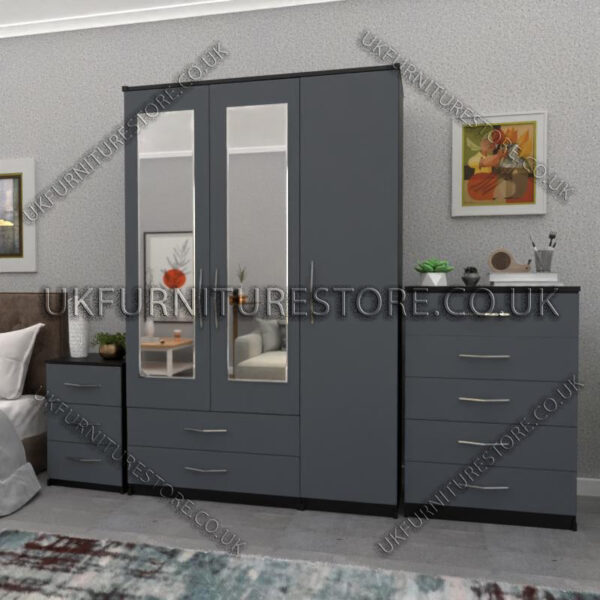 Front Gray Side Black 3 Door Wardrobe Set With 2 Mirrors and 2 Bottom Drawers