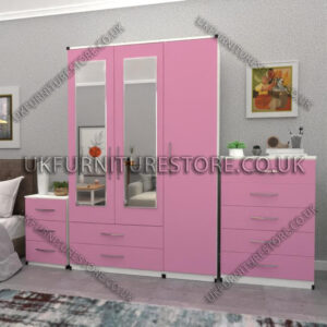 Front Pink Side White 3 Door Wardrobe Set With 2 Mirrors and 2 Bottom Drawers
