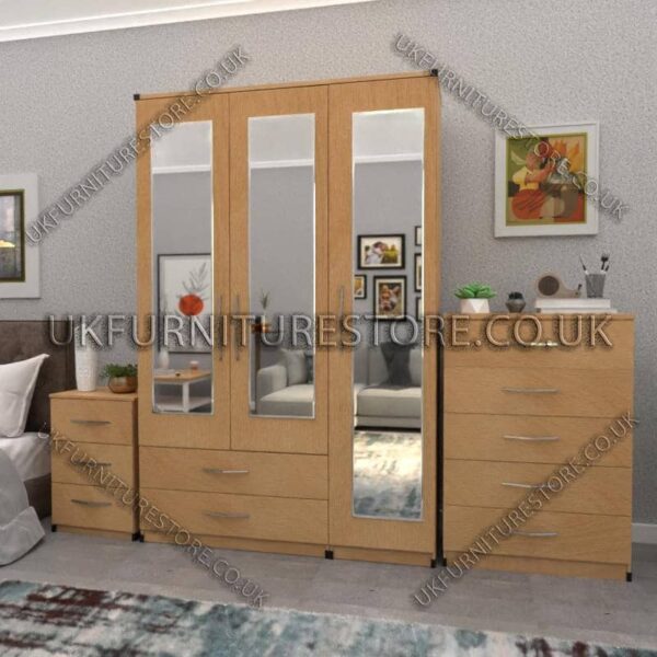Beech 3 Door Wardrobe Set With 3 Mirrors and 2 Bottom Drawers