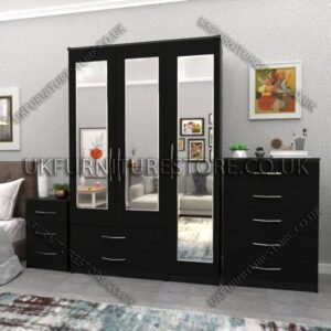 Black 3 Door Wardrobe Set With 3 Mirrors and 2 Bottom Drawers