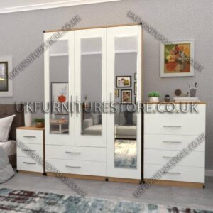 Front White Side Oak 3 Door Wardrobe Set With 3 Mirrors and 2 Bottom Drawers