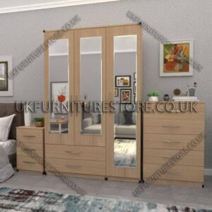 Oak 3 Door Wardrobe Set With 3 Mirrors and 2 Bottom Drawers