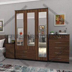 Front Walnut Side Black 3 Door Wardrobe Set With 3 Mirrors and 2 Bottom Drawers