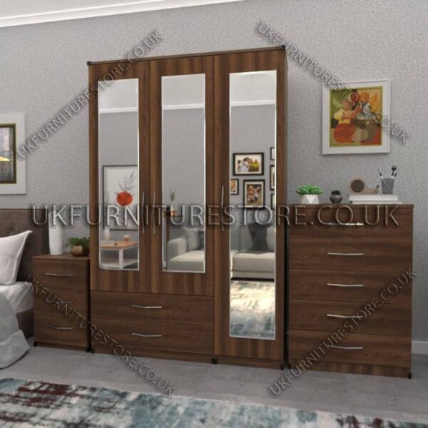 Walnut 3 Door Wardrobe Set With 3 Mirrors and 2 Bottom Drawers