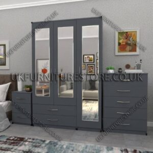 Gray 3 Door Wardrobe Set With 3 Mirrors and 2 Bottom Drawers
