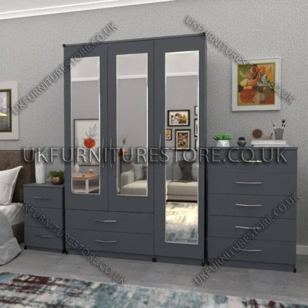 Gray 3 Door Wardrobe Set With 3 Mirrors and 2 Bottom Drawers