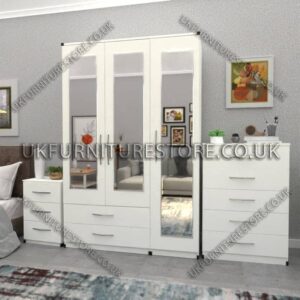 White 3 Door Wardrobe Set With 3 Mirrors and 2 Bottom Drawers