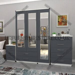 Front Gray Side White 3 Door Wardrobe Set With 3 Mirrors and 2 Bottom Drawers