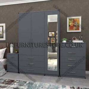 Gray 3 Door Wardrobe Set With 1 Mirror and 3 Bottom Drawers