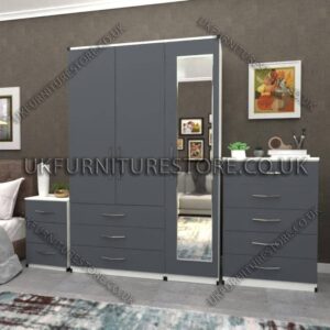 Front Gray Side White 3 Door Wardrobe Set With 1 Mirror and 3 Bottom Drawers