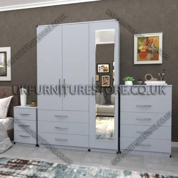 Silver 3 Door Wardrobe Set With 1 Mirror and 3 Bottom Drawers