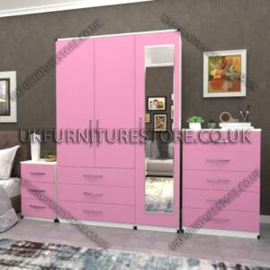 Front Pink Side White 3 Door Wardrobe Set With 1 Mirror and 3 Bottom Drawers