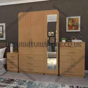 Beech 3 Door Wardrobe Set With 1 Mirror and 3 Bottom Drawers