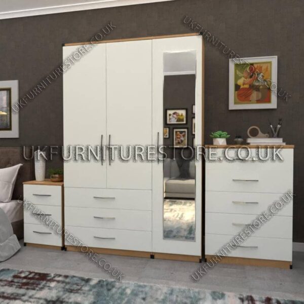 Front White Side Oak 3 Door Wardrobe Set With 1 Mirror and 3 Bottom Drawers