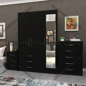 Black 3 Door Wardrobe Set With 1 Mirror and 3 Bottom Drawers