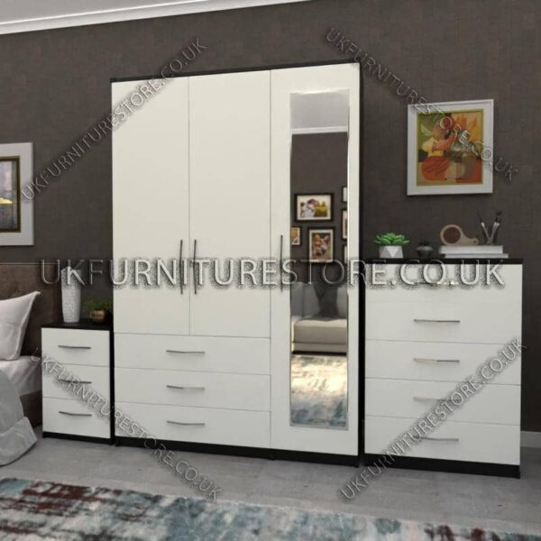 Front White Side Black 3 Door Wardrobe Set With 1 Mirror and 3 Bottom Drawers
