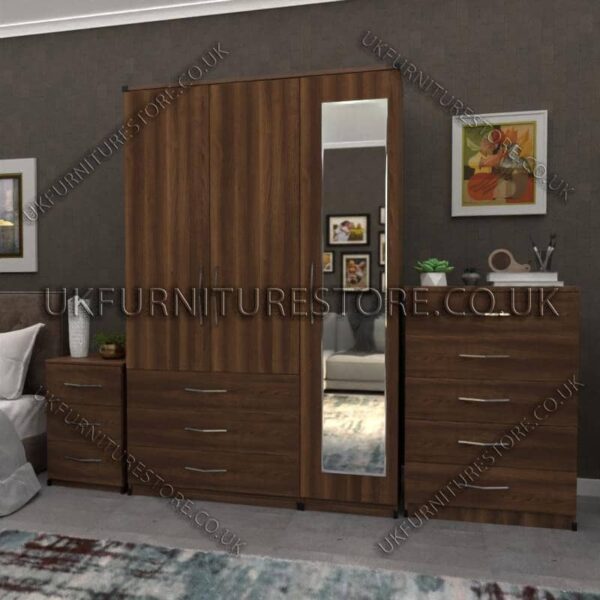 Walnut 3 Door Wardrobe Set With 1 Mirror and 3 Bottom Drawers