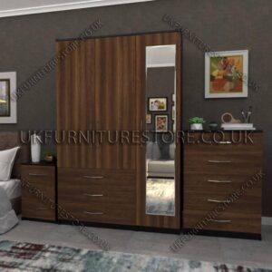 Front Walnut Side Black 3 Door Wardrobe Set With 1 Mirror and 3 Bottom Drawers