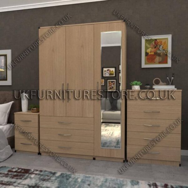 Oak 3 Door Wardrobe Set With 1 Mirror and 3 Bottom Drawers