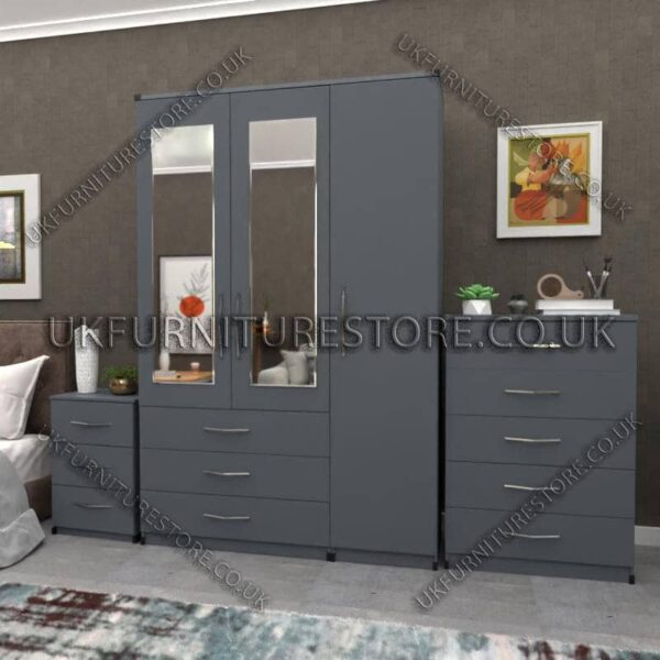 Gray 3 Door Wardrobe Set With 2 Mirrors and 3 Bottom Drawers