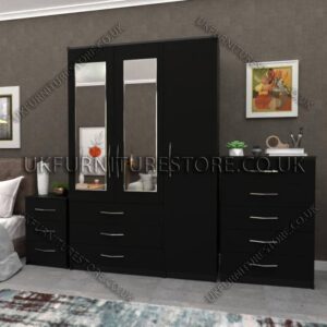 Black 3 Door Wardrobe Set With 2 Mirrors and 3 Bottom Drawers