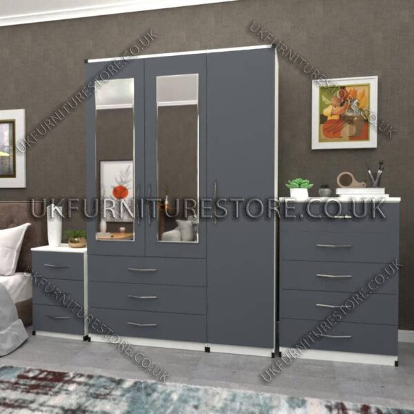 Front Gray Side White 3 Door Wardrobe Set With 2 Mirrors and 3 Bottom Drawers