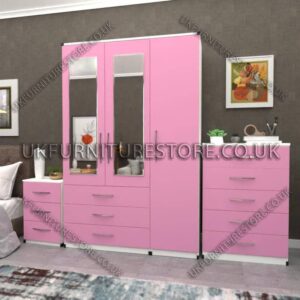 Front Pink Side White 3 Door Wardrobe Set With 2 Mirrors and 3 Bottom Drawers