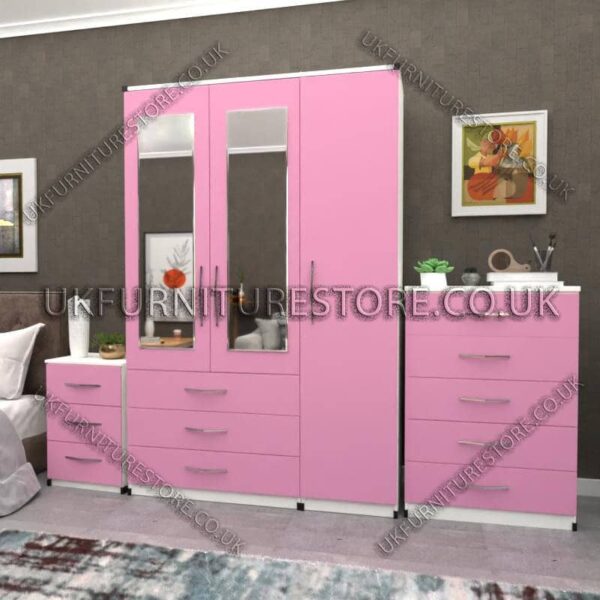 Front Pink Side White 3 Door Wardrobe Set With 2 Mirrors and 3 Bottom Drawers