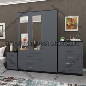 Front Gray Side Black 3 Door Wardrobe Set With 2 Mirrors and 3 Bottom Drawers