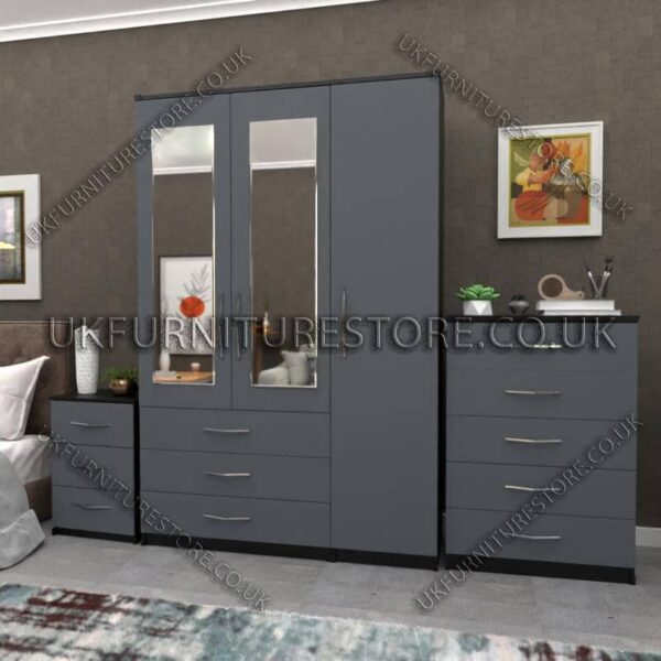Front Gray Side Black 3 Door Wardrobe Set With 2 Mirrors and 3 Bottom Drawers