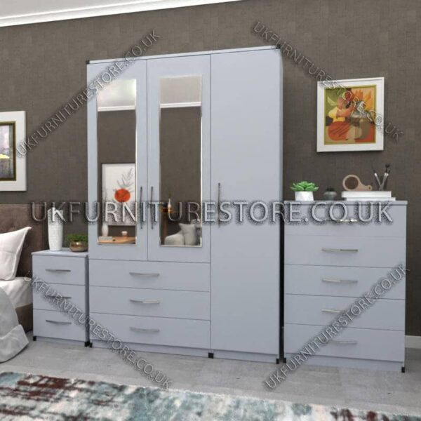 Silver 3 Door Wardrobe Set With 2 Mirrors and 3 Bottom Drawers
