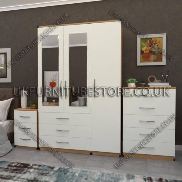 Front White Side Oak 3 Door Wardrobe Set With 2 Mirrors and 3 Bottom Drawers
