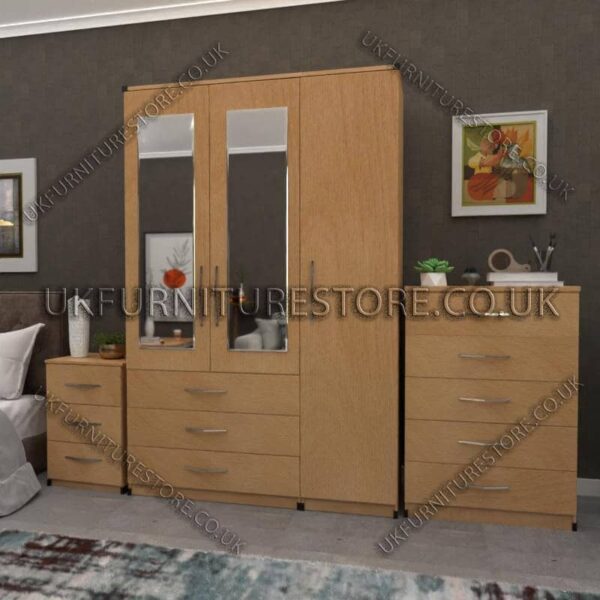 Beech 3 Door Wardrobe Set With 2 Mirrors and 3 Bottom Drawers