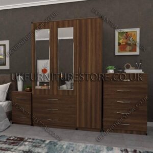 Walnut 3 Door Wardrobe Set With 2 Mirrors and 3 Bottom Drawers