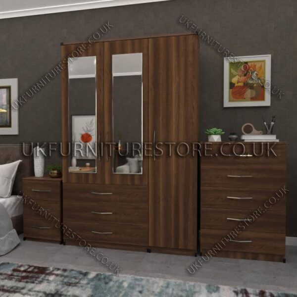 Walnut 3 Door Wardrobe Set With 2 Mirrors and 3 Bottom Drawers