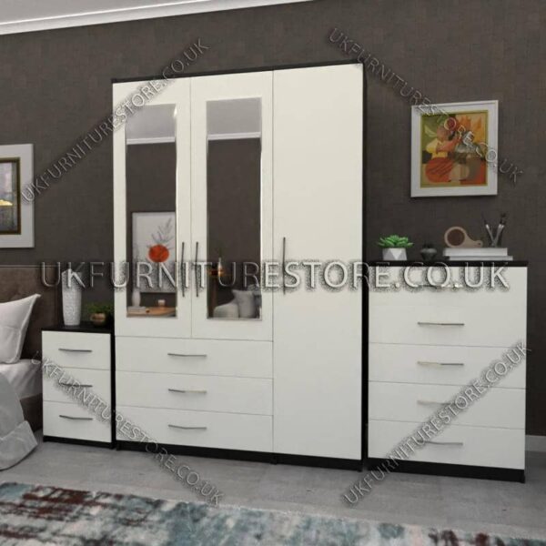 Front White Side Black 3 Door Wardrobe Set With 2 Mirrors and 3 Bottom Drawers