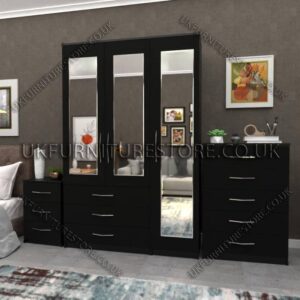 Black 3 Door Wardrobe Set With 3 Mirrors and 3 Bottom Drawers