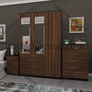 Front Walnut Side Black 3 Door Wardrobe Set With 2 Mirrors and 3 Bottom Drawers